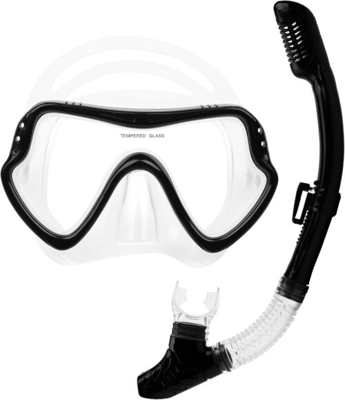 Snorkel Set, Snorkeling Gear for Adults with Dry Top Snorkel Mask and Tempered Glass Lens, Travel Diving & Snorkeling Equipment, Adult Scuba Mask and Snorkel