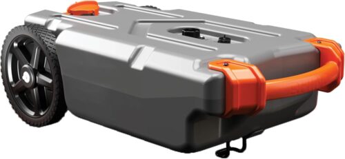 Camco Rhino 21-Gallon RV Portable Waste Tank - Features Large Heavy-Duty No-Flat Wheels & Low Drain Hole - Includes Removable Steel Tow Adapter, 3’ Sewer Hose & More RV Accessories (39002)