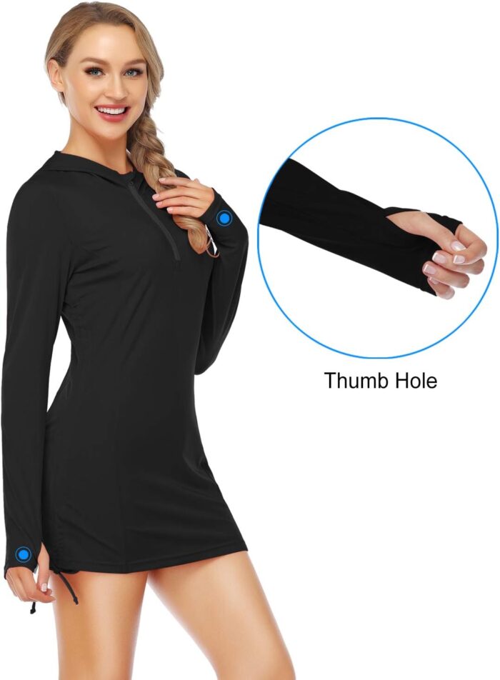 HISKYWIN Womens Hoodie Thumb Hole UV Sun Protection Rash Guard Side Adjustable Wetsuit Swimsuit Top - Image 3