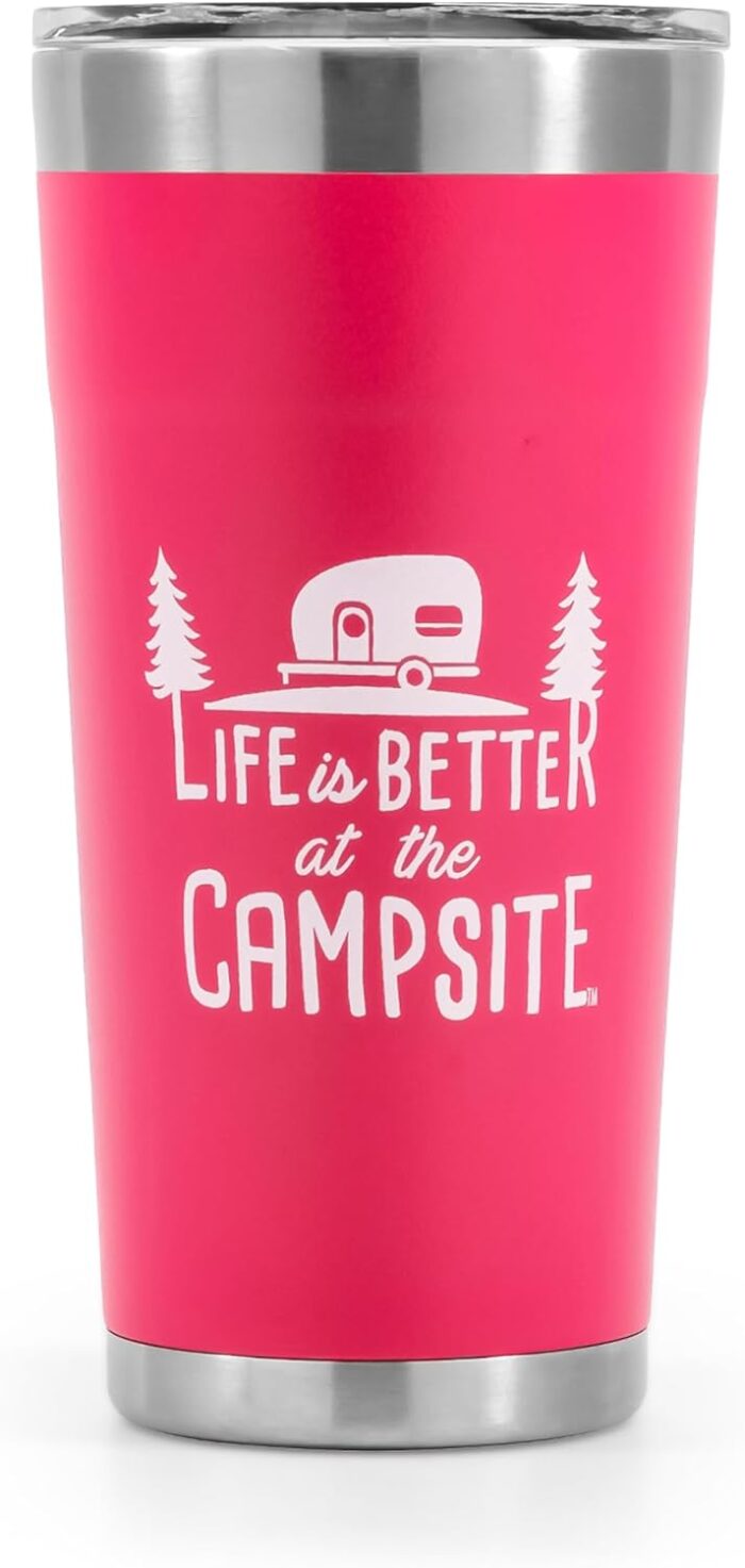Camco Life is Better at The Campsite Tumbler | Heavy Duty Double Wall Vacuum Insulation | Crafted of 18/8 Stainless Steel | Unique “Life is Better at The Campsite” Design on Coral Pink | 20-oz (53061) - Image 5