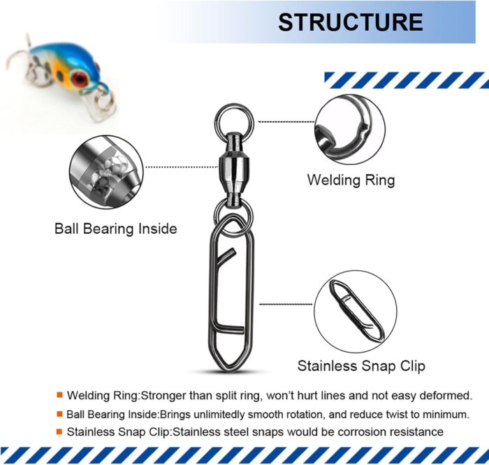 Atibin Snap Connector Fishing Swivels Stainless Bearing Ball Snap Swivels Steel Quick Change Fishing Clips Swivel Black Nickel - Image 2
