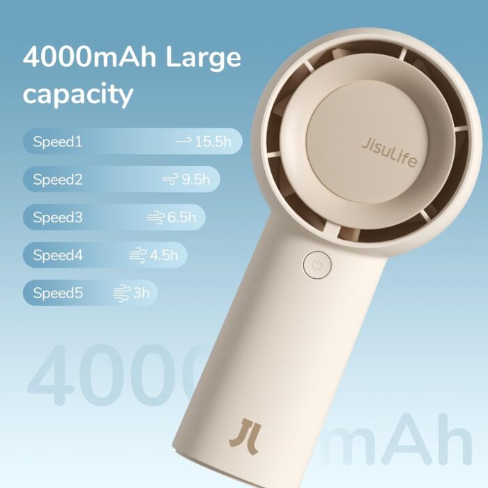 JISULIFE Handheld Portable Turbo Fan [16H Max Cooling Time], 4000mAh USB Rechargeable Personal Battery Operated Mini Small Pocket Fan with 5 Speeds for Travel/Outdoor/Vacation/Concerts - Brown - Image 3