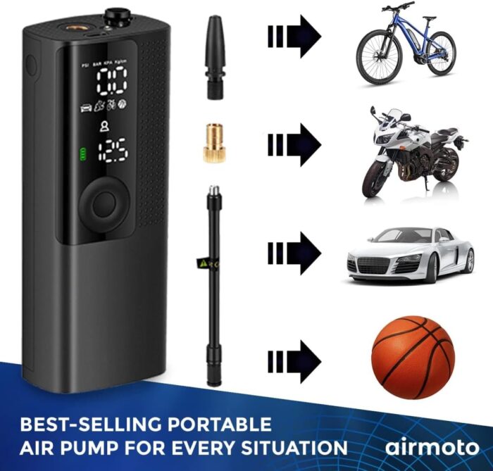 Airmoto Tire Inflator Portable Air Compressor - Air Pump For Car Tires with Digital Pressure Gauge, LED Light and Auto Shut-Off Function - Cordless Pump for Car, Motorcycle, Bicycle, Balls and More - Image 8