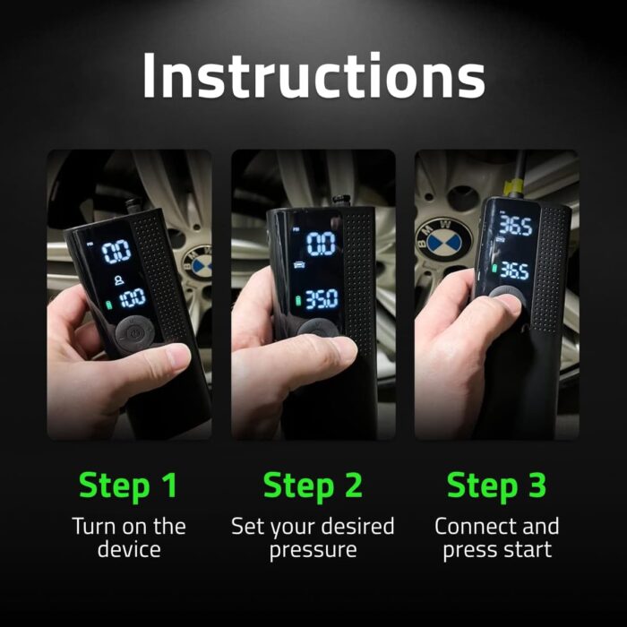 Airmoto Tire Inflator Portable Air Compressor - Air Pump For Car Tires with Digital Pressure Gauge, LED Light and Auto Shut-Off Function - Cordless Pump for Car, Motorcycle, Bicycle, Balls and More - Image 5