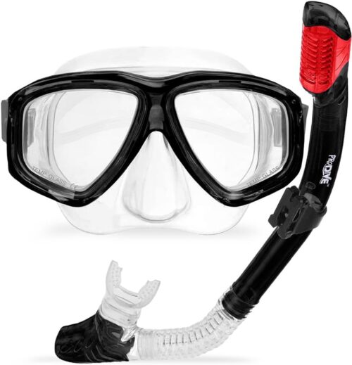 Premium Dry Top Snorkel Set - Impact Resistant Tempered Glass Diving Mask, Watertight and Anti-Fog Lens for Best Vision, Easy Adjustable Strap, Waterproof Gear Bag Included