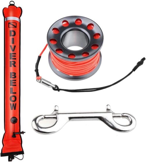 4ft Red Scuba Diving SMB, Open Bottom Surface Marker Buoy with Safety Sausage with 49ft Alloy Dive Reel and Double-Ended Bolt Clip for Underwater Sports-Gray