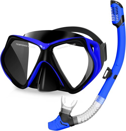 Snorkeling Gear for Adults, Dry Snorkel Kit, Anti-Leak Diving Mask and Dry Snorkel,180° Panoramic View Scuba Mask with Tempered Glass Lens for Diving, Snorkeling, Swimming