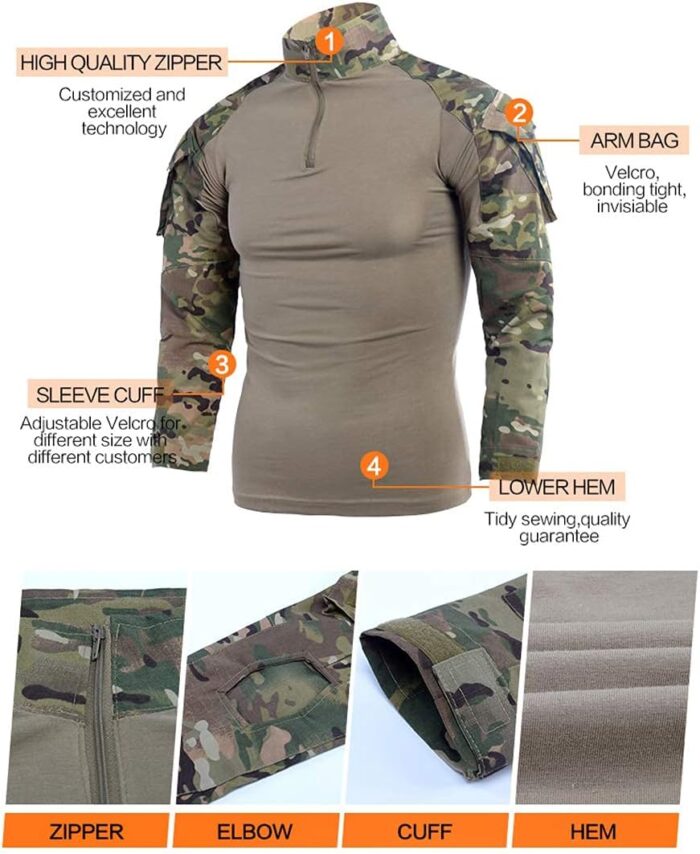 LANBAOSI Men's Tactical Combat Shirt and Pants Set Long Sleeve Woodland Hunting Military Uniform 1/4 Zip - Image 4