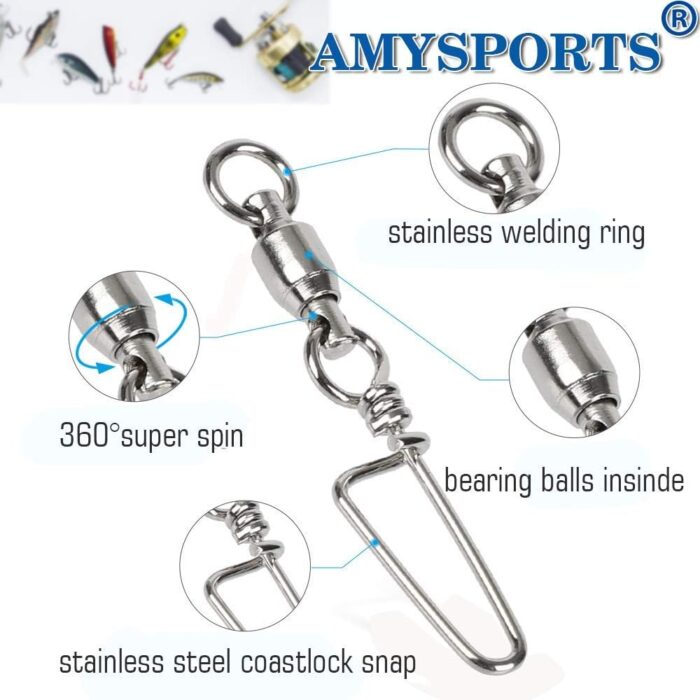 AMYSPORTS High Strength Fishing Snap Swivels Ball Bearing Swivels Stainless Fishing Swivels Saltwater Corrosion Resistance Barrel Swivel for Freshwater Fishing - Image 3
