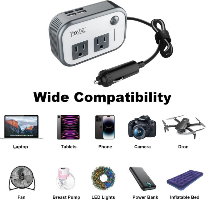 200W Car Power Inverter, FOVAL 12V DC to 110V AC Car Inverte with 4 USB Ports Car Outlet Adapter, Power Inverter for Vehicles, Car Plug Adapter Outlet for Laptop Computer Charger - Image 7