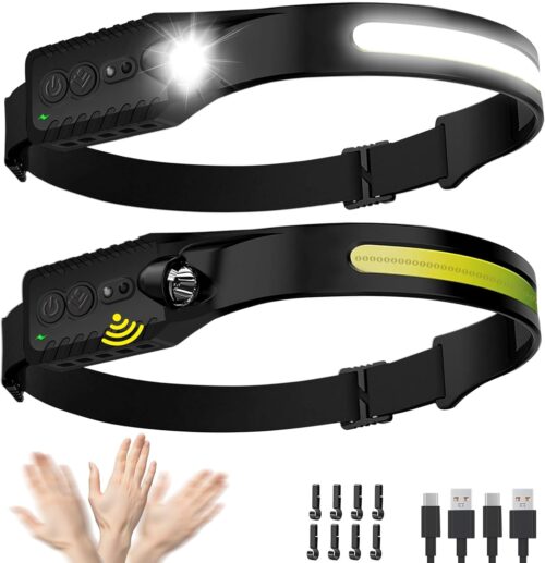 Headlamp Rechargeable (2-Pack), LED Head Lamp Flashlight, 230° Wide Beam Headband Light, 400 Lumen Super Bright, Waterproof Headlight, 5 Modes for Running, Fishing, Hiking, Camping