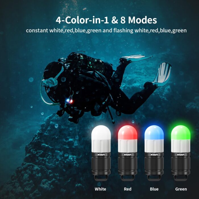 XTAR SD1 Scuba Dive Strobe Beacon,4-Color-in-1 (White,Red,Blue,Green) 8 Modes Diving Signal Light Night Dive Flashing Marker Light,for 100M Underwater Diving (SD1 KT NO Battery Included) - Image 2