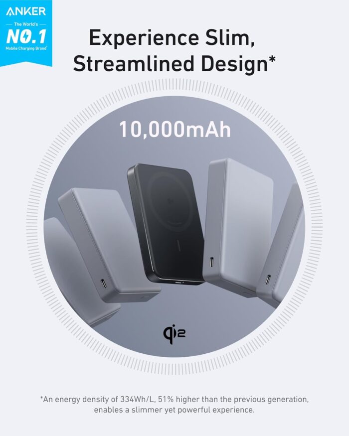 Anker MagGo Power Bank, Ultra Slim 10000mAh Magnetic Battery Pack, Qi2 Certified, Portable, 15W Ultra Fast MagSafe Compatible Charger, Ergonomic Design, Only for iPhone 15/14/13/12 - Image 2