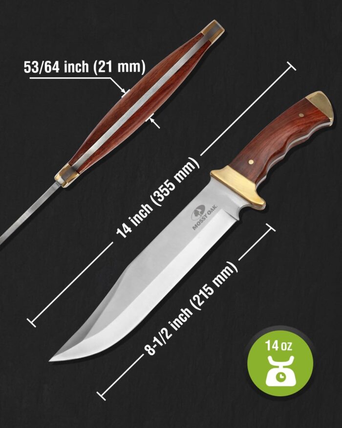 Mossy Oak 14-inch Bowie Knife, Full-tang Fixed Blade, Wood Handle Hunting Knife with Leather Sheath for Camping, Hiking, Survival - Image 2