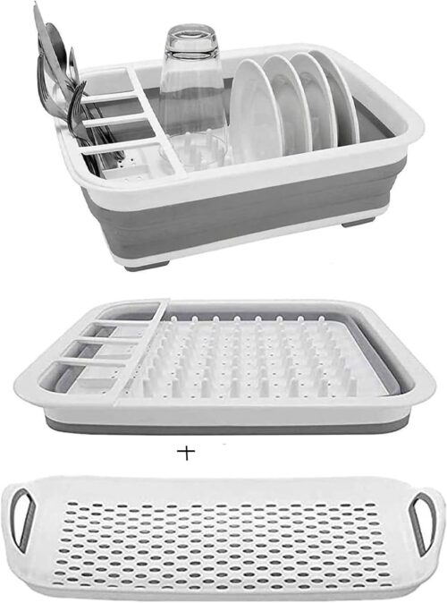 camper must haves dish drying rack Collapsible Dish Drying Rack Portable Dinnerware Drainer Organizer for Kitchen RV Campers Travel Trailers Space Saving Kitchen Storage Rack Tray (with Drainboard)