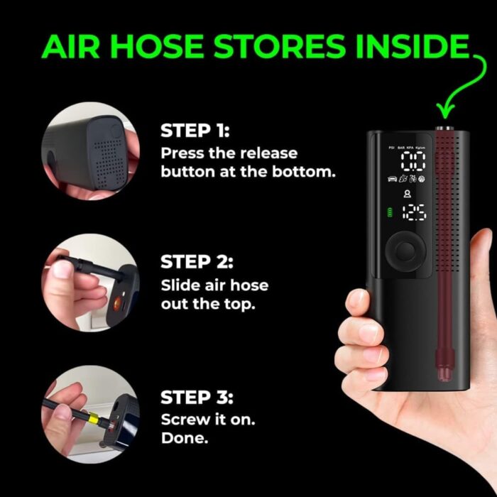 Airmoto Tire Inflator Portable Air Compressor - Air Pump For Car Tires with Digital Pressure Gauge, LED Light and Auto Shut-Off Function - Cordless Pump for Car, Motorcycle, Bicycle, Balls and More - Image 4