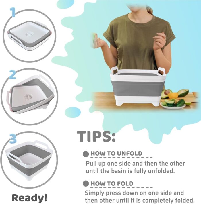 Collapsible Wash Basin for Baby Bottles - 2.4 Gallons Portable Wash Bin for RV Camping Sink, Space-Saving Dish Tub (Gray) - Image 4