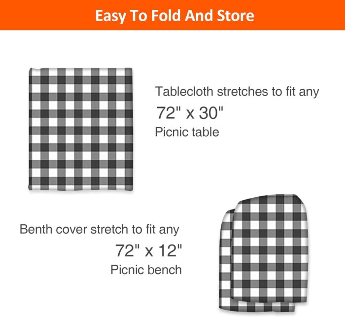 KENOBEE 6ft Picnic Table and Bench Cover, Camping Essentials RV Gear, 72in Waterproof Windproof Outdoor Elastic All Around Tablecloth, Fitted Rectangle Tables and Seats, Black-White Checkered - Image 5