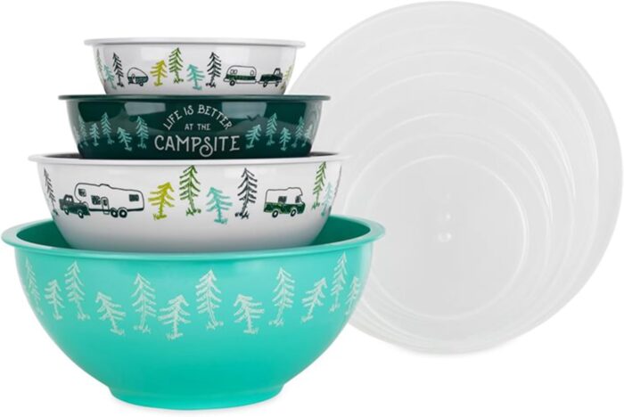 Camco Life is Better at The Campsite Nesting Bowl Set with Lids | Great for On-The-Go Lifestyles | Features (4) Durable Melamine Bowls with (4) Plastic Lids (53451) - Image 4