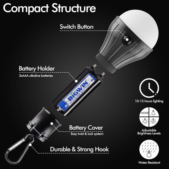 Tent Lamp Portable LED Tent Lights 4 Packs Hook Hurricane Emergency Lights LED Camping Light Bulb Camping Tent Lantern Bulb Camping Equipment for Camping Hiking Backpacking Fishing Outage - Image 5