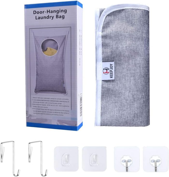 KEEPJOY Hanging Laundry Hamper Bag with Free Adjustable Stainless Steel Door 2 PCs Suction Cup Hooks, Best Choice for Holding Dirty Clothes and Saving Space, Grey - Image 6