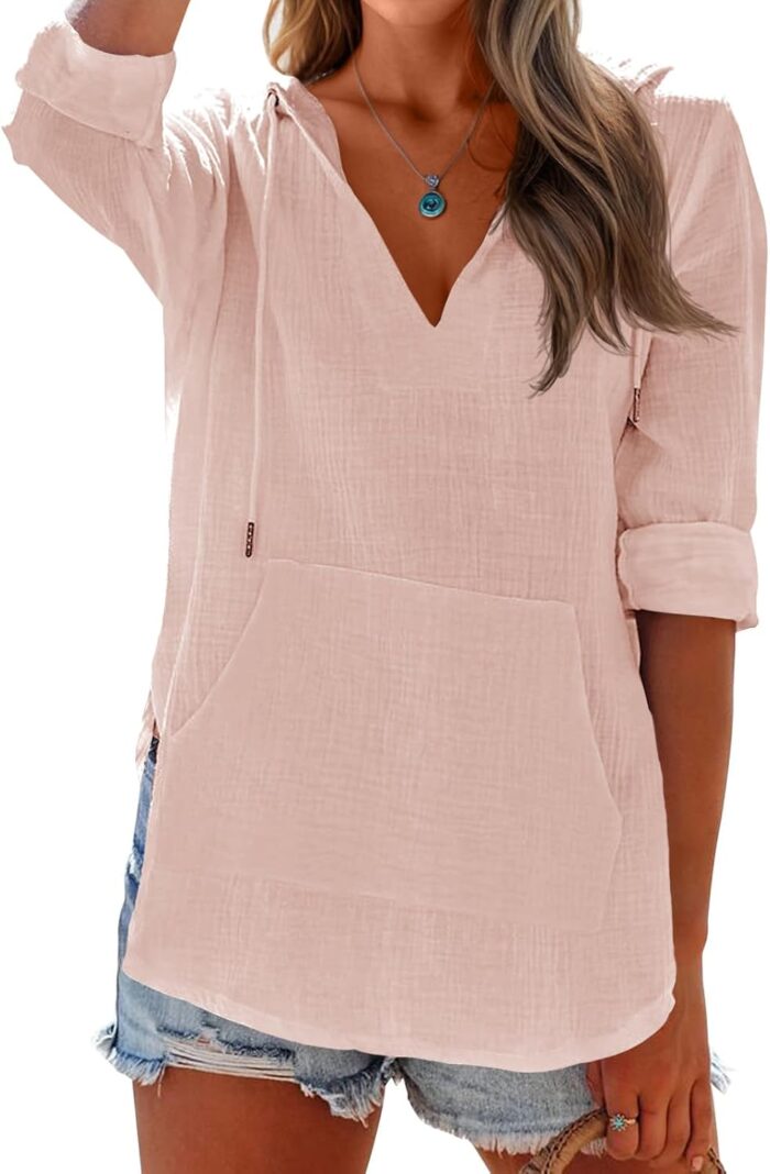 Ebifin Women's Beach Cover Up hoodies sweatshirt Long Sleeve V Neck Pocketed Hooded Shirt Top - Image 3