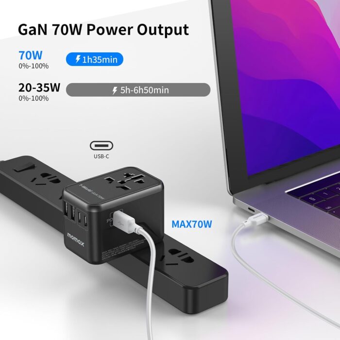 MOMAX Universal Travel Adapter, 70W GaN International Power Adapter, 3 USB-C & 2 USB-A, Worldwide Travel Plug Adapter, International Power Adapter for Most Europe, USA, Japan, Australia (Type C/A/G/I) - Image 3