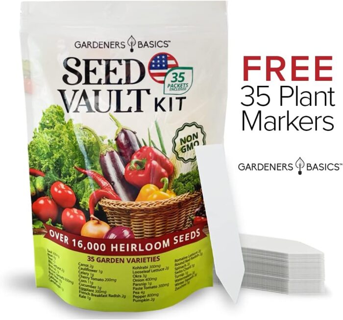 Gardeners Basics Survival Vegetable Seeds Garden Kit Over 16,000 Seeds Non-GMO and Heirloom, Great for Emergency Bugout Survival Gear 35 Varieties Seeds for Planting Vegetables 35 Free Plant Markers - Image 4
