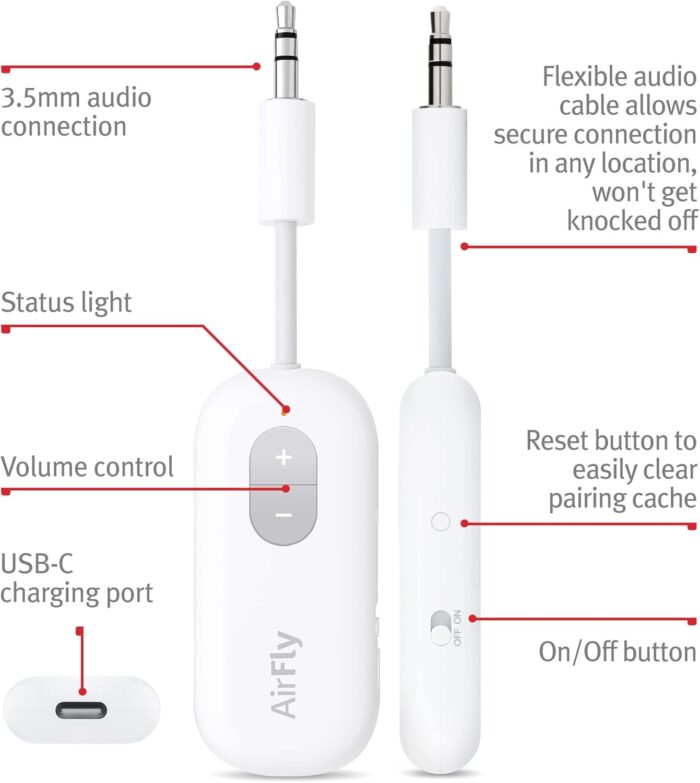 Twelve South AirFly SE | Bluetooth Wireless Audio Transmitter Adapter for AirPods/Headphones, 20+ Hr Battery, Works with 3.5mm aux Jacks on Airplanes, TVs, Gym Equipment, and Travel - Image 3