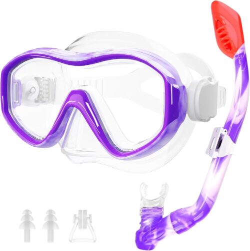 Kids Snorkel Set for Age 5-15 Dry Top Snorkeling Gear for Kids, Diving Mask and Snorkel Set Swimming Goggles with Nose Cover for Kids Youth Boys Girls Junior