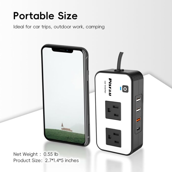 200W Car Power Inverter, PiSFAU DC 12V to 110V AC Car Plug Adapter Outlet with [20W USB-C] /USB-Fast Charger(18W) / 4.8A Dual USB/car Charger for Laptop - Image 3