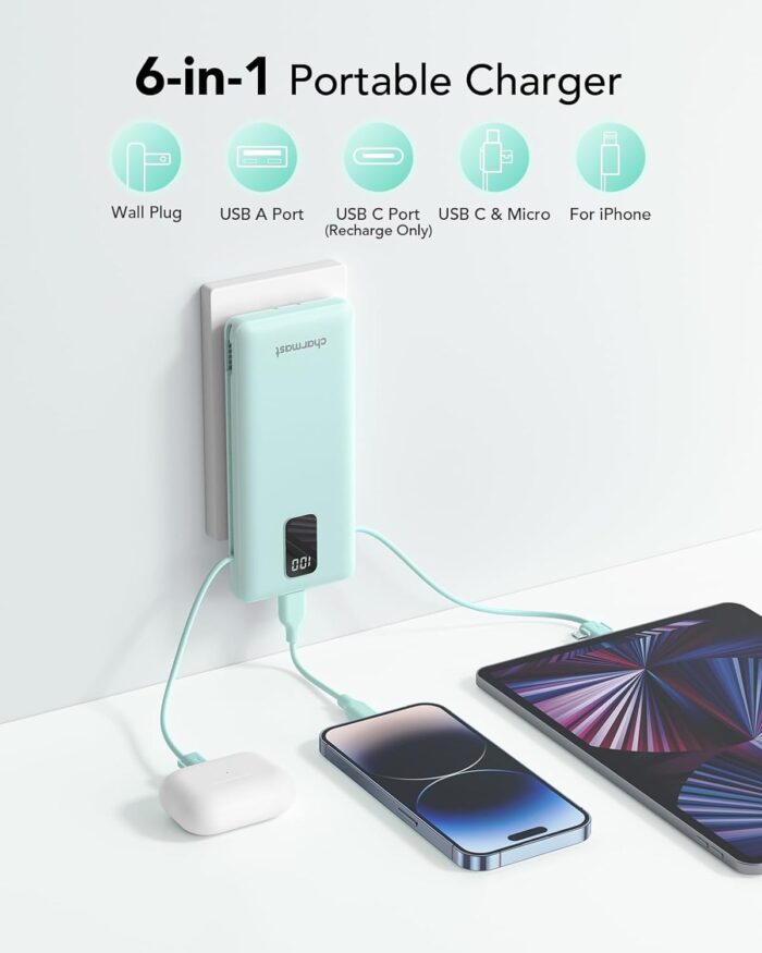 Charmast Portable Charger with Built-in Cables and Plug, 10000mAh USB C Power Bank Fast Charging 15W, External Battery Pack Slim, Travel Essentials Compatible with 16 15 14 13, Samsung Galaxy, iPad - Image 2