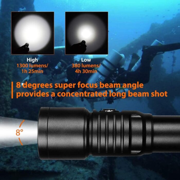 ORCATORCH D530 Scuba Dive Light, 1300 Lumens, 8 Degrees Narrow Beam Angle, Titanium Alloy Side Button Switch, 2 Lighting Modes, with Battery Indicator, for Underwater 150 Meters Diving - Image 2
