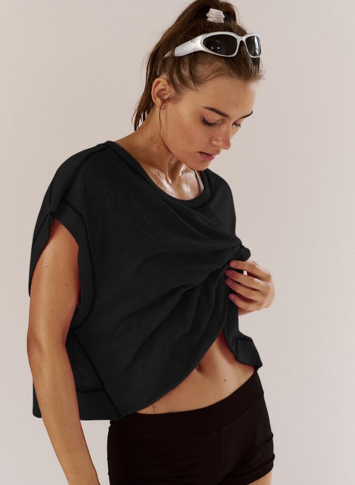 Women Short Sleeve Workout Shirts Open Back Tops Casual Yoga Y2k Athletic Gym Slouchy Crop Running Tees - Image 4