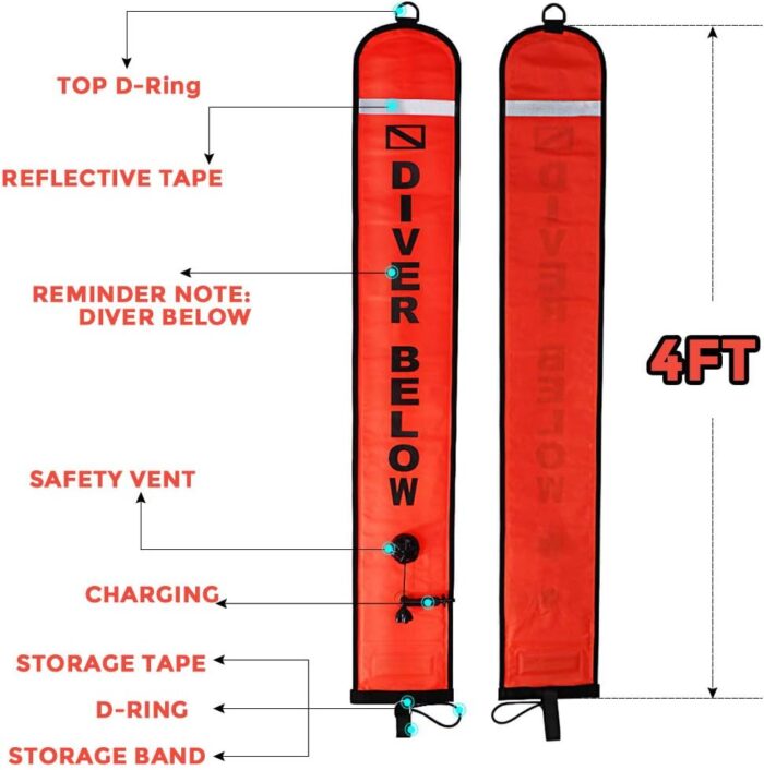 4ft Red Scuba Diving SMB, Open Bottom Surface Marker Buoy with Safety Sausage with 49ft Alloy Dive Reel and Double-Ended Bolt Clip for Underwater Sports-Gray - Image 3