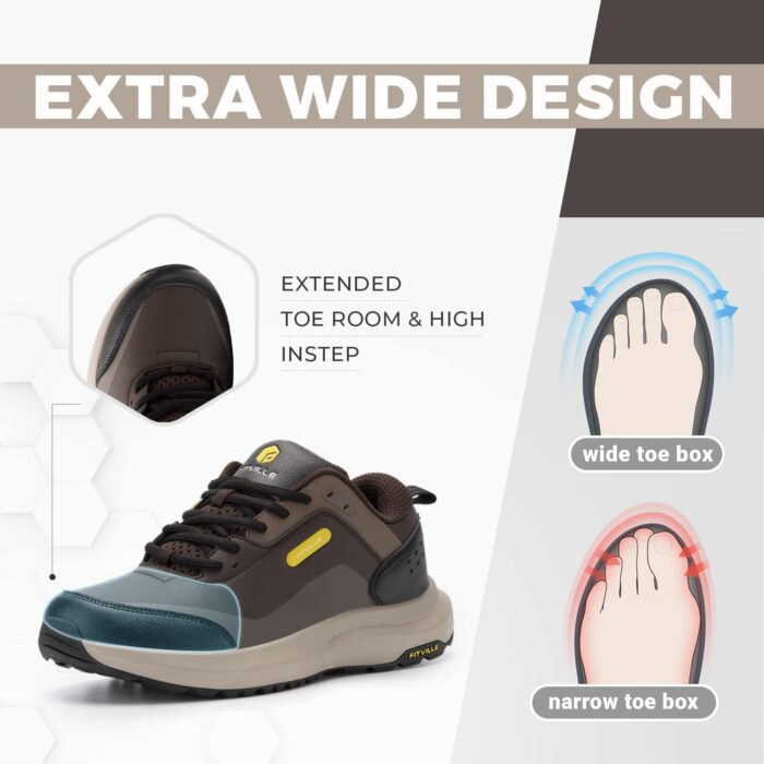 FitVille Men's Extra Wide Hiking Shoes Outdoor Walking Shoes Low-top Waterproof Work Shoes Soft Toe with Arch Support for Heel Pain Relief - Rugged Core - Image 2
