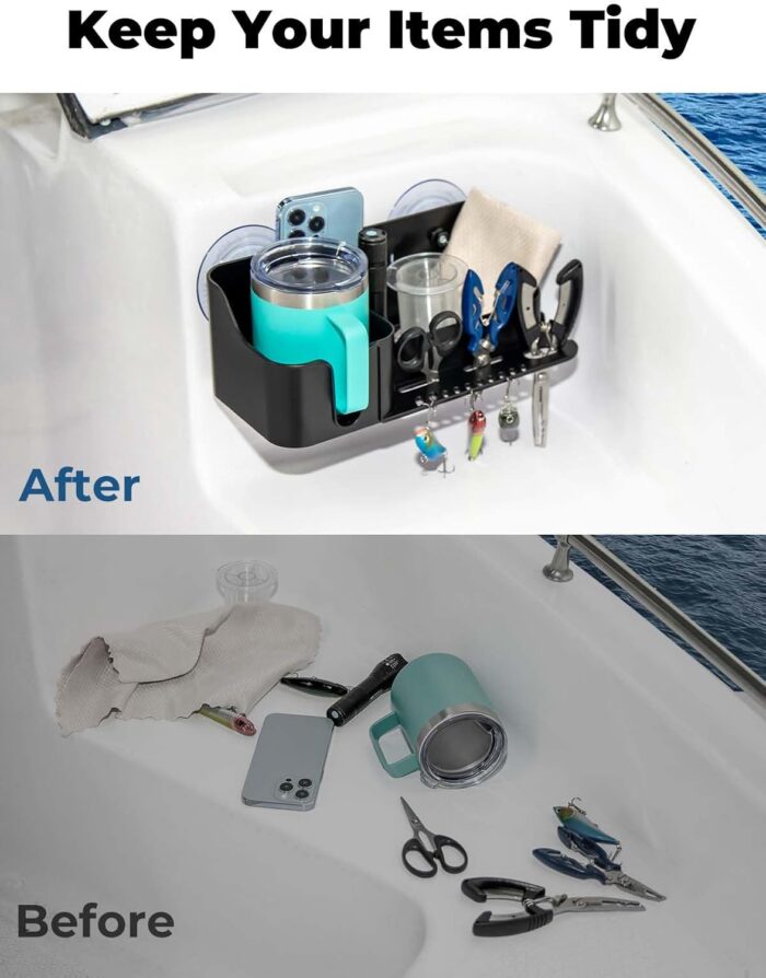 KEMIMOTO Boat Caddy Organizer, Cup Holder Installed With Screws/Suction Cups on Any Flat Surface, Storage Organizer, Cockpit Storage Box for Bass Kayak Pontoon Jon Boat - Image 4