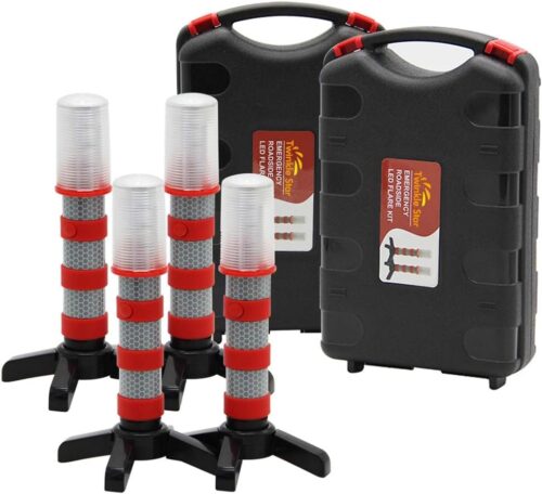 Twinkle Star Emergency Roadside Flares Kit LED Safety Strobe Road Warning Light Highway Beacon Alert Flare with Magnetic Base, Detachable Stand, Solid Storage Case (Set of 4)