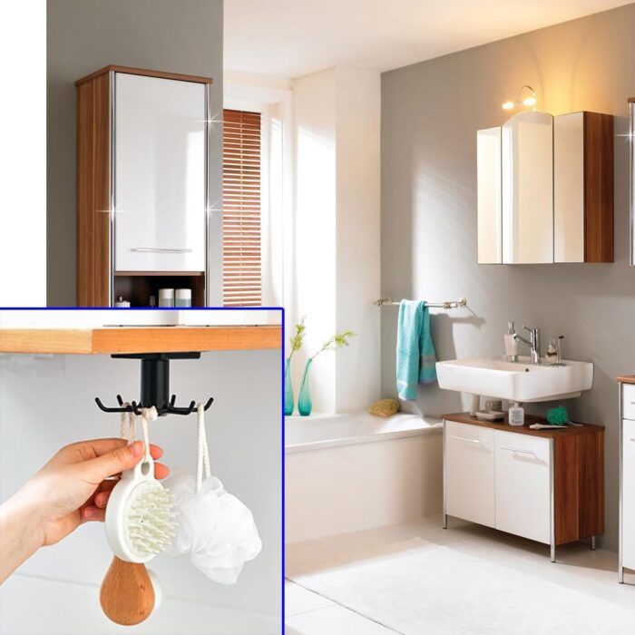 2pcs 360 °Rotation Utility Hooks,Under Cabinet Kitchen Hooks,Nail Free Adhesive Kitchen Utensils Hanging Hooks for Kitchen Utensils/Tools/Towel/Knife(Black) - Image 3