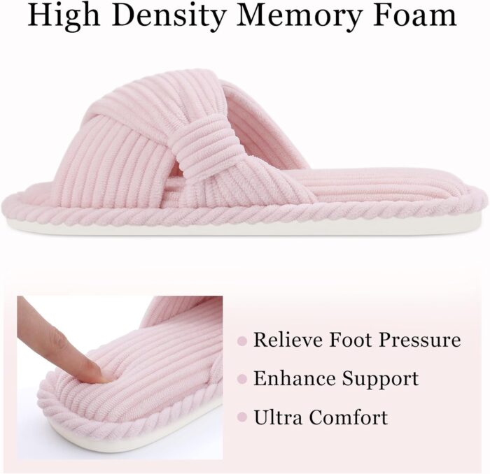 Evshine Summer House Slippers for Women Corduroy Cross Bow Indoor Slippers Open Toe Slip On Bedroom Shoes with Memory Foam - Image 4