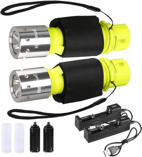Diving Flashlight with Rechargeable Power Scuba Dive Light IPX8 Waterproof Underwater Flashlight Snorkeling Diving LED High Lumens Torch, 3 Modes with Charger for Underwater Sports(2Pack)
