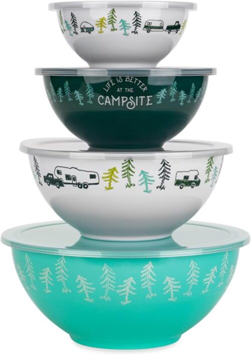 Camco Life is Better at The Campsite Nesting Bowl Set with Lids | Great for On-The-Go Lifestyles | Features (4) Durable Melamine Bowls with (4) Plastic Lids (53451)