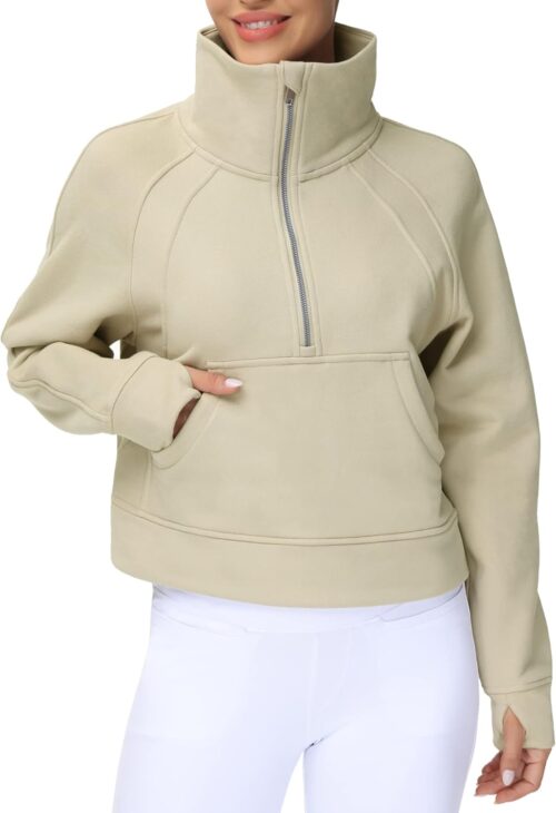 THE GYM PEOPLE Womens' Half Zip Pullover Fleece Stand Collar Crop Sweatshirt with Pockets Thumb Hole