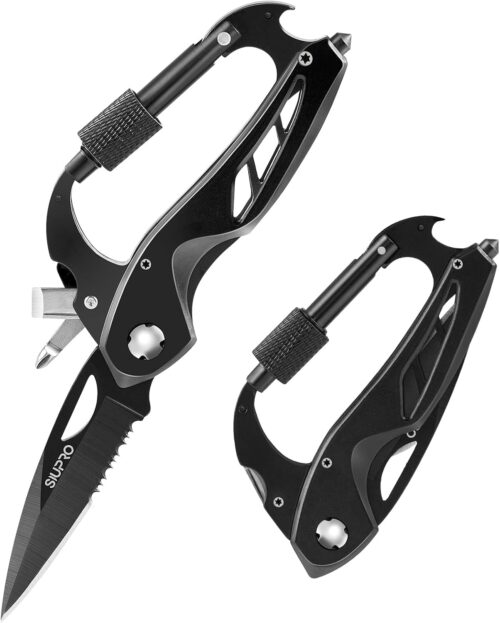 Fathers Day Dad Gifts from Daughter Son Wife, Multitool Carabiner Knife, Pocket Knife for Men with Bottle Opener, Window Breaker and Screwdriver, Tactical Survival Gear for Hiking