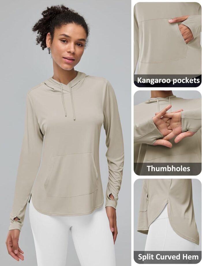Women's Rash Guard Long Sleeve UV Sun Protection Shirts with Kangaroo Pocket Hoodie UPF 50+ Lightweight SPF Tops for Hiking - Image 5