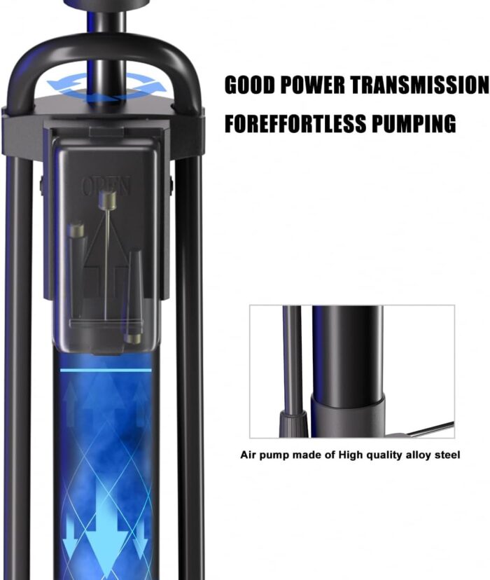 VIMILOLO Bicycle Pump, Bike Floor Pump with Gauge Inflator for Presta and Schrader Valve Portable Tire Pumps for Ball Bike Pumps - Image 4