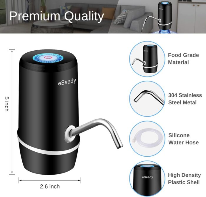Water Pump for 5 Gallon Bottle, USB Charging Automatic Water Dispenser with Rechargeable Battery, Portable Electric Drinking Water Jug Pump for Home, Kitchen, Living Room, Office, Camping - Black - Image 7
