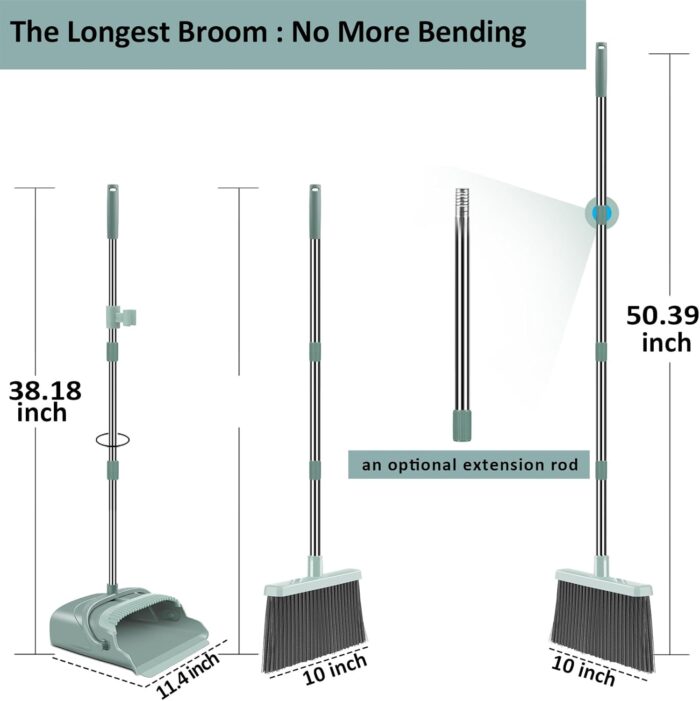 kelamayi Upgrade Broom and Dustpan Set, Large Size and with Long Handle, Upright,Ideal for Indoor Outdoor Garage Kitchen Room Office Lobby Use (Green) - Image 2