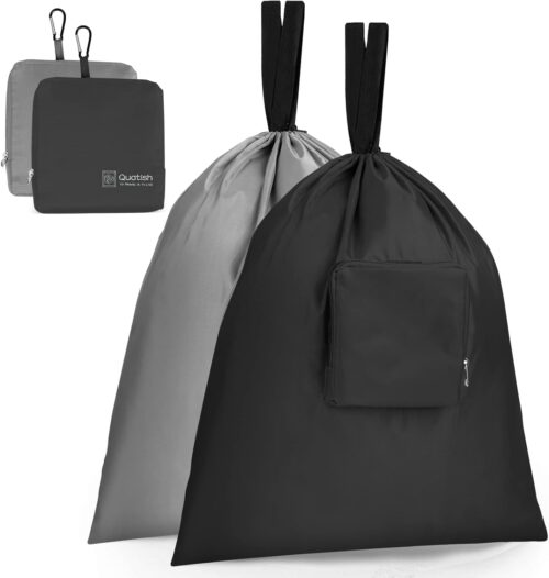 Travel Laundry bags, 2 Pack Dirty Laundry Travel Bag, Foldable Dirty Clothes Bag for Traveling, Washable and Small Laundry Bag with Handles for Suitcase, Gym, Camping, Black+Grey