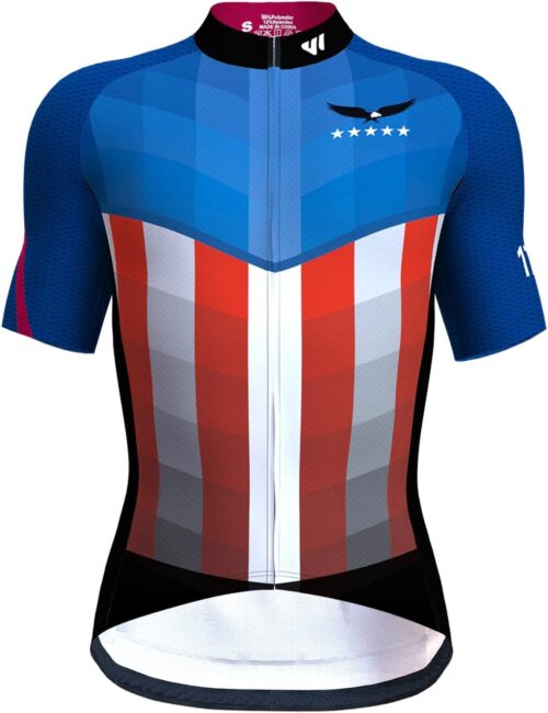 USA Cycling Jersey Men Short Sleeve Bike Biking Shirts American Flag Road Bicycle Clothing Full Zip with Pockets